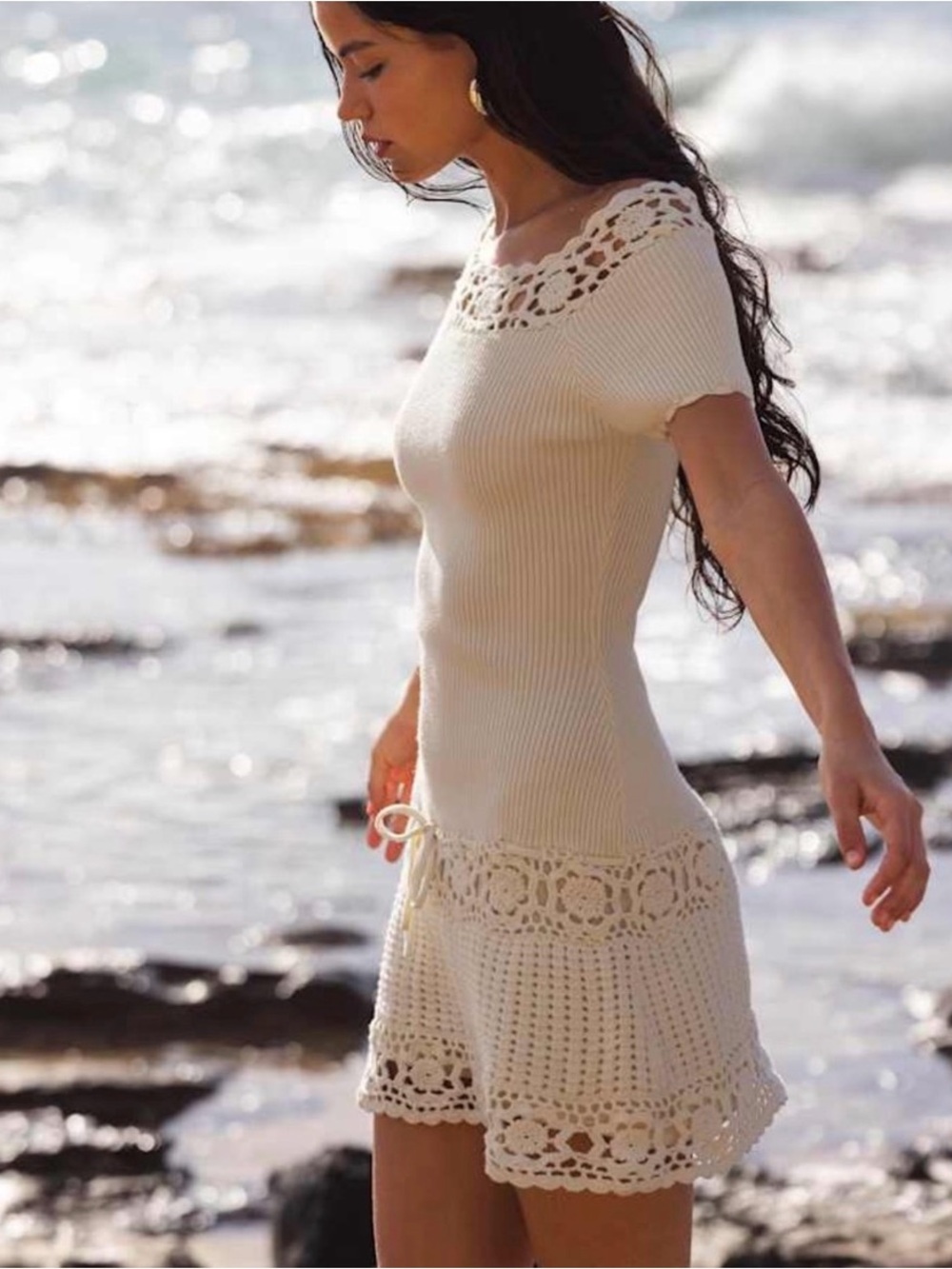 Frankie's Bikinis Cream Crochet-Trim Knit Mini Dress